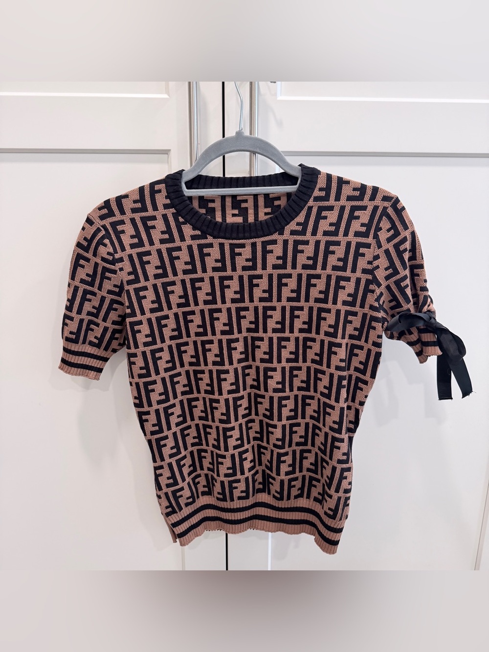 Fendi FF Monogram Short Sleeve Knit Top Bow Sleeve Italy Size 36